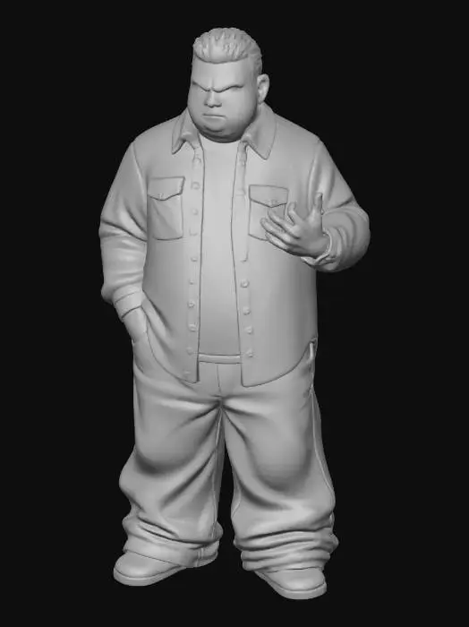 3D model for Toma como referencia la foto. Convierte a la persona en un personaje estilo anime . estilo homie. con su camisa abierta. y pantalones largos que cubren sus pies . sin lentes. en pose de ganster.