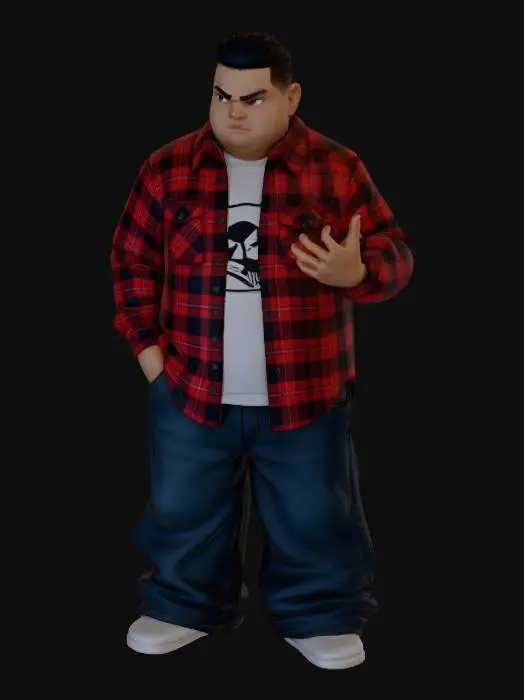 3D model for Toma como referencia la foto. Convierte a la persona en un personaje estilo anime . estilo homie. con su camisa abierta. y pantalones largos que cubren sus pies . sin lentes. en pose de ganster.