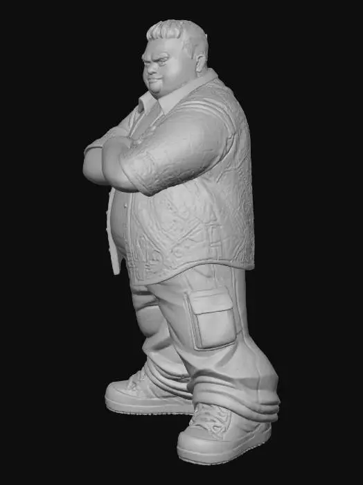 3D model for Toma como referencia la foto. Convierte a la persona en un personaje estilo anime . estilo homie. con su camisa abierta. y pantalones largos que cubren sus pies . sin lentes. en pose de ganster.