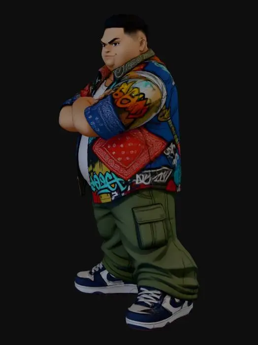 3D model for Toma como referencia la foto. Convierte a la persona en un personaje estilo anime . estilo homie. con su camisa abierta. y pantalones largos que cubren sus pies . sin lentes. en pose de ganster.