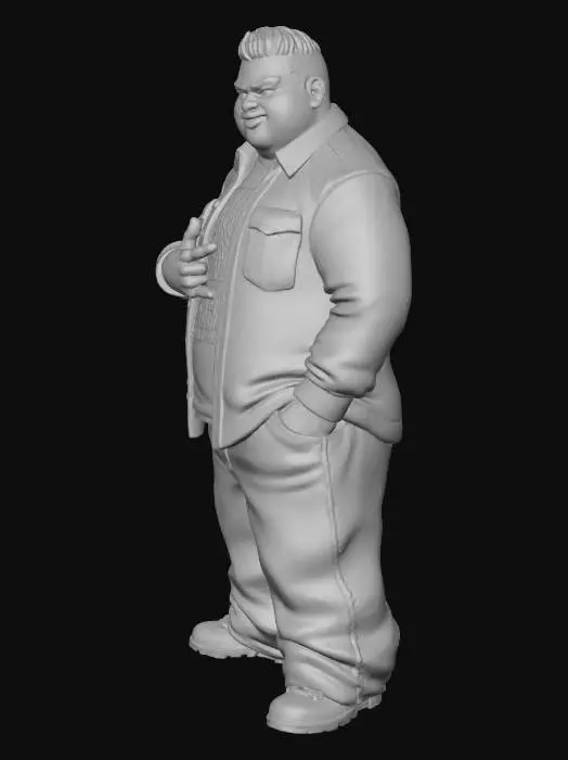 3D model for Toma como referencia la foto. Convierte a la persona en un personaje estilo anime . estilo homie. con su camisa abierta. y pantalones largos que cubren sus pies . sin lentes. en pose de ganster.
