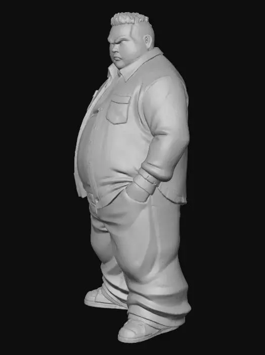 3D model for Toma como referencia la foto. Convierte a la persona en un personaje estilo anime . estilo homie. con su camisa abierta. y pantalones largos que cubren sus pies . sin lentes. en pose de ganster.