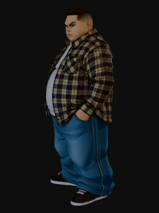 3D model for Toma como referencia la foto. Convierte a la persona en un personaje estilo anime . estilo homie. con su camisa abierta. y pantalones largos que cubren sus pies . sin lentes. en pose de ganster.