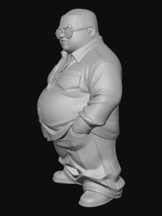 3D model for Toma como referencia la foto. Convierte a la persona en un personaje estilo anime . estilo homie. con su camisa abierta. y pantalones largos que cubren sus pies . con lentes oscuros. en pose de ganster. sin cabello. corte de pelo fade