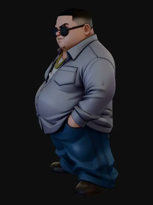 3D model for Toma como referencia la foto. Convierte a la persona en un personaje estilo anime . estilo homie. con su camisa abierta. y pantalones largos que cubren sus pies . con lentes oscuros. en pose de ganster. sin cabello. corte de pelo fade