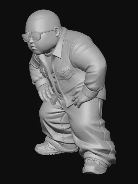 3D model for Toma como referencia la foto. Convierte a la persona en un personaje estilo anime . estilo homie. con su camisa abierta. y pantalones largos que cubren sus pies . con lentes oscuros. en pose de ganster. sin cabello. corte de pelo fade
