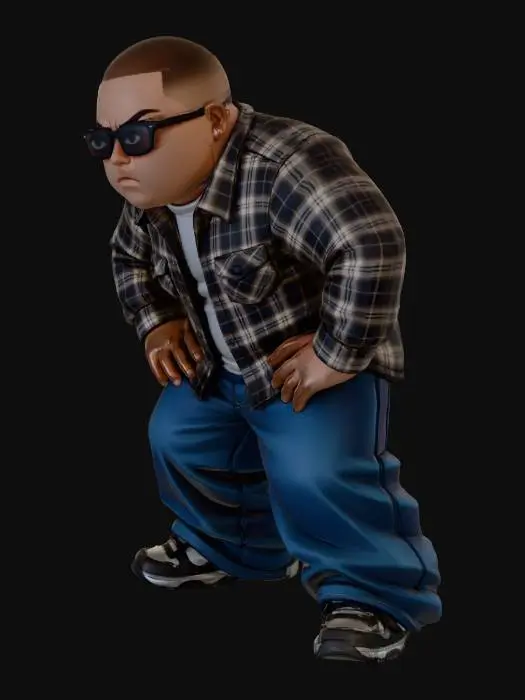 3D model for Toma como referencia la foto. Convierte a la persona en un personaje estilo anime . estilo homie. con su camisa abierta. y pantalones largos que cubren sus pies . con lentes oscuros. en pose de ganster. sin cabello. corte de pelo fade