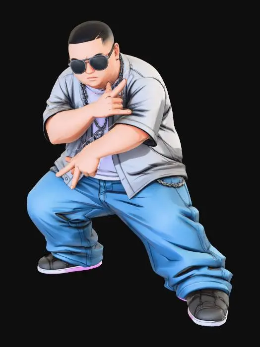 3D model for Toma como referencia la foto. Convierte a la persona en un personaje estilo anime . estilo homie. con su camisa abierta. y pantalones largos que cubren sus pies . con lentes oscuros. en pose de ganster. sin cabello. corte de pelo fade