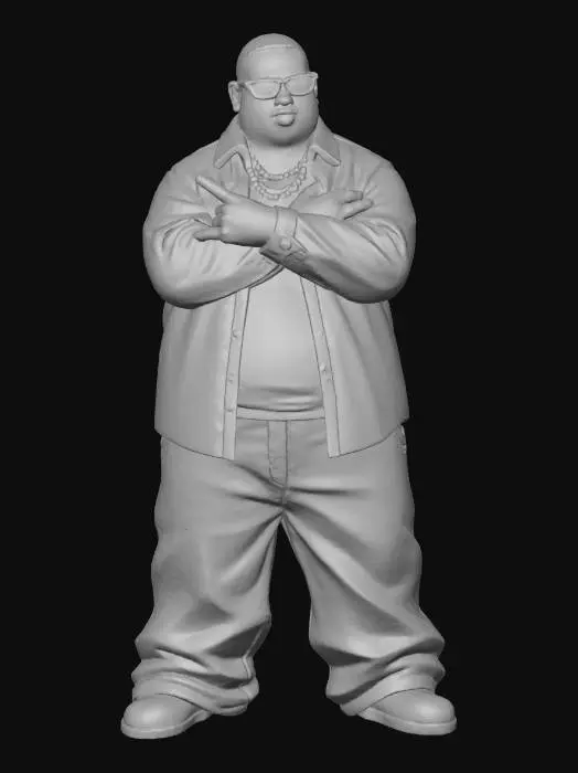 3D model for Toma como referencia la foto. Convierte a la persona en un personaje estilo anime . estilo homie. con su camisa abierta. y pantalones largos que cubren sus pies . con lentes oscuros. en pose de ganster. sin cabello. corte de pelo fade