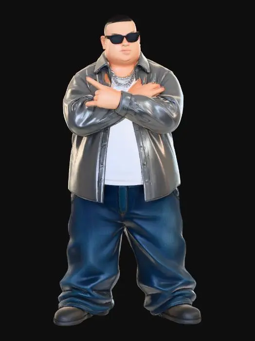 3D model for Toma como referencia la foto. Convierte a la persona en un personaje estilo anime . estilo homie. con su camisa abierta. y pantalones largos que cubren sus pies . con lentes oscuros. en pose de ganster. sin cabello. corte de pelo fade