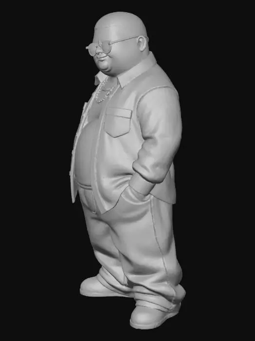 3D model for Toma como referencia la foto. Convierte a la persona en un personaje estilo anime . estilo homie. con su camisa abierta. y pantalones largos que cubren sus pies . con lentes oscuros. en pose de ganster. sin cabello. corte de pelo fade