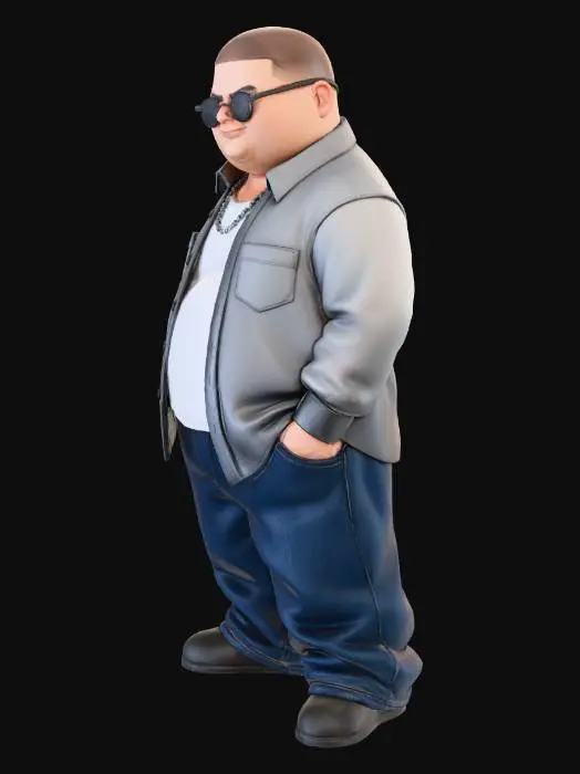3D model for Toma como referencia la foto. Convierte a la persona en un personaje estilo anime . estilo homie. con su camisa abierta. y pantalones largos que cubren sus pies . con lentes oscuros. en pose de ganster. sin cabello. corte de pelo fade