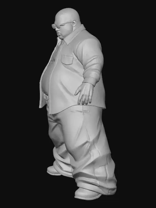 3D model for Toma como referencia la foto. Convierte a la persona en un personaje estilo anime . estilo homie. con su camisa abierta. y pantalones largos que cubren sus pies . con lentes oscuros. en pose de ganster. sin cabello. corte de pelo fade