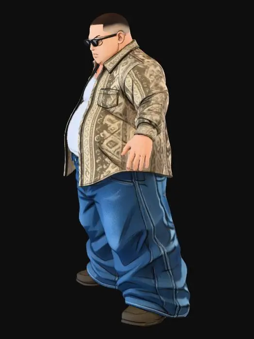 3D model for Toma como referencia la foto. Convierte a la persona en un personaje estilo anime . estilo homie. con su camisa abierta. y pantalones largos que cubren sus pies . con lentes oscuros. en pose de ganster. sin cabello. corte de pelo fade