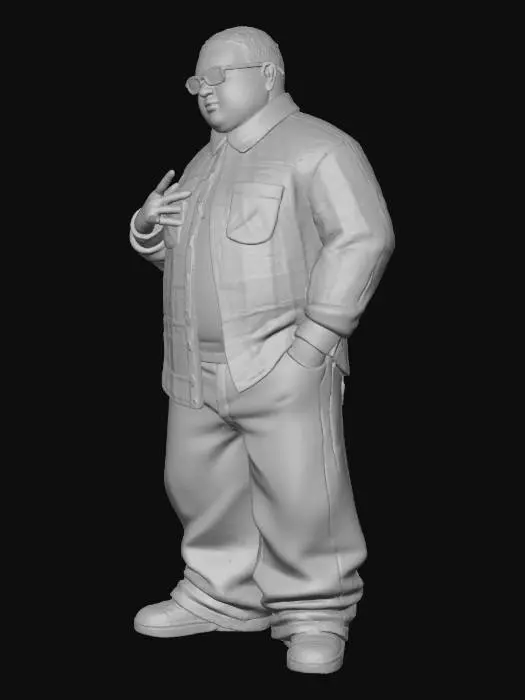 3D model for Toma como referencia la foto. Convierte a la persona en un personaje estilo anime . estilo homie. con su camisa abierta. y pantalones largos que cubren sus pies . con lentes oscuros. en pose de ganster. sin cabello. corte de pelo fade