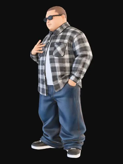 3D model for Toma como referencia la foto. Convierte a la persona en un personaje estilo anime . estilo homie. con su camisa abierta. y pantalones largos que cubren sus pies . con lentes oscuros. en pose de ganster. sin cabello. corte de pelo fade