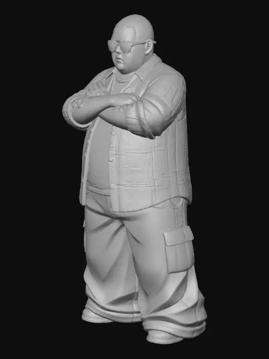 3D model for Toma como referencia la foto. Convierte a la persona en un personaje estilo anime . estilo homie. con su camisa abierta. y pantalones largos que cubren sus pies . con lentes oscuros. en pose de ganster. sin cabello. corte de pelo fade