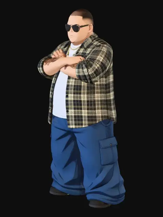 3D model for Toma como referencia la foto. Convierte a la persona en un personaje estilo anime . estilo homie. con su camisa abierta. y pantalones largos que cubren sus pies . con lentes oscuros. en pose de ganster. sin cabello. corte de pelo fade