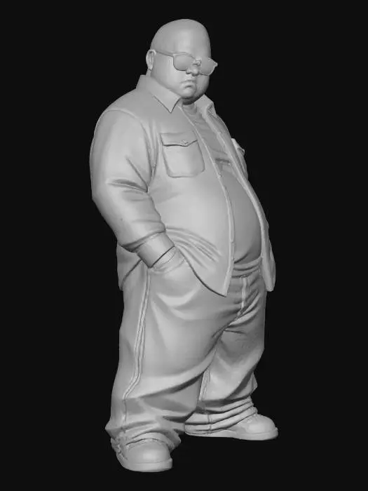 3D model for Toma como referencia la foto. Convierte a la persona en un personaje estilo anime . estilo homie. con su camisa abierta. y pantalones largos que cubren sus pies . con lentes oscuros. en pose de ganster. sin cabello. corte de pelo fade