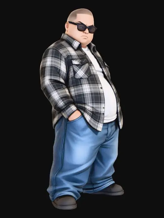 3D model for Toma como referencia la foto. Convierte a la persona en un personaje estilo anime . estilo homie. con su camisa abierta. y pantalones largos que cubren sus pies . con lentes oscuros. en pose de ganster. sin cabello. corte de pelo fade