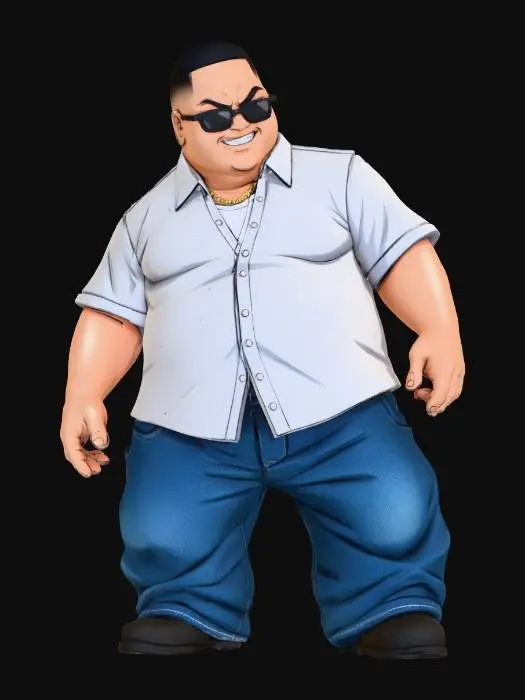 3D model for Toma como referencia la foto. Convierte a la persona en un personaje estilo anime . estilo homie. con su camisa abierta. y pantalones largos que cubren sus pies . con lentes oscuros. en pose de ganster. sin cabello. corte de pelo fade