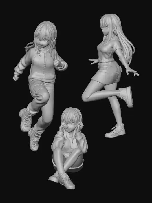 3D model for toma como modelo la foto para crear en diferentes poses pero solo 1 personaje por cuadro. con pantalones y dos con falda corta y converse