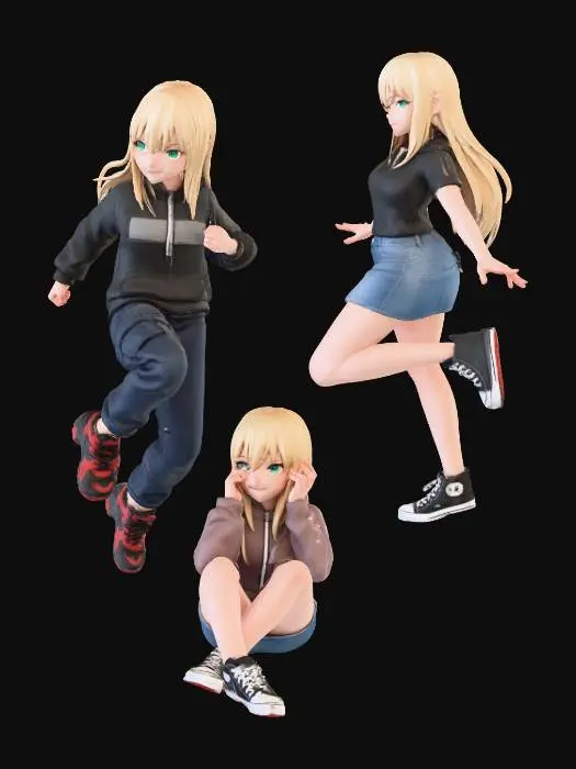 3D model for toma como modelo la foto para crear en diferentes poses pero solo 1 personaje por cuadro. con pantalones y dos con falda corta y converse