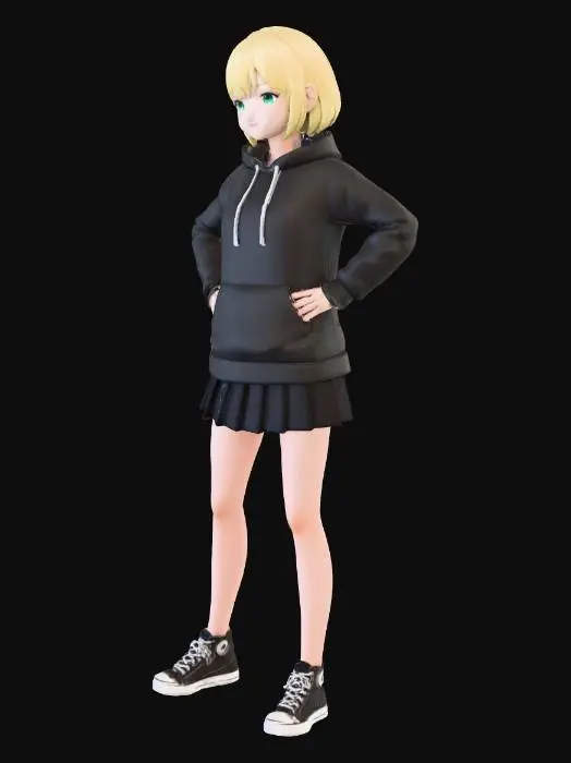 3D model for Winking Anime Character in Black Hoodie