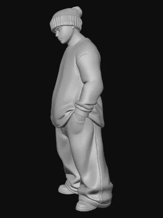 3D model for Toma como referencia la foto. Convierte a la persona en un personaje estilo anime . estilo homie. con su camisa larga y pantalones largos que cubren sus pies . sin lentes. binnie . en pose de ganster. has al personaje un poco mas delgado