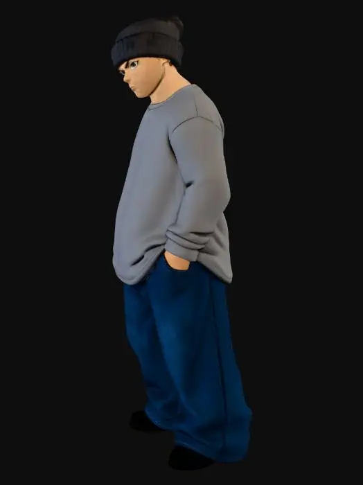 3D model for Toma como referencia la foto. Convierte a la persona en un personaje estilo anime . estilo homie. con su camisa larga y pantalones largos que cubren sus pies . sin lentes. binnie . en pose de ganster. has al personaje un poco mas delgado