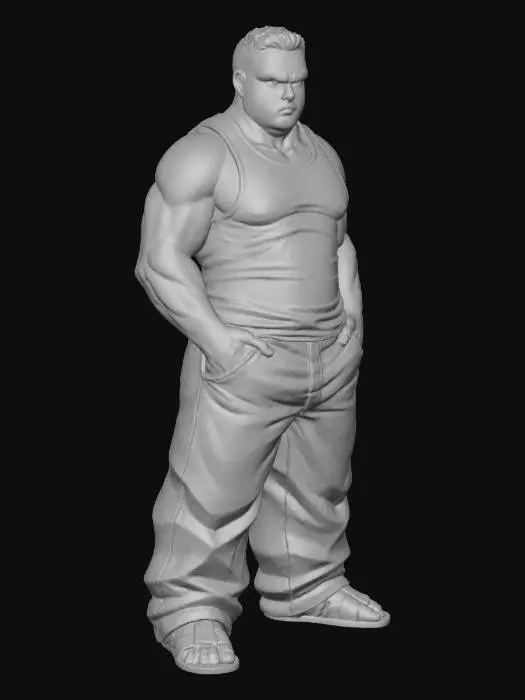 3D model for Toma como referencia la foto. Convierte a la persona en un personaje estilo anime . estilo homie. con su tank top y jeans largos estilo baggy que cubra suss piess . sin lentes.  . en pose de ganster. has al personaje musculoso y delgado . sandalias