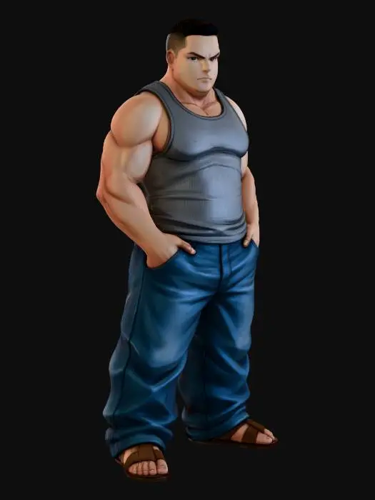 3D model for Toma como referencia la foto. Convierte a la persona en un personaje estilo anime . estilo homie. con su tank top y jeans largos estilo baggy que cubra suss piess . sin lentes.  . en pose de ganster. has al personaje musculoso y delgado . sandalias