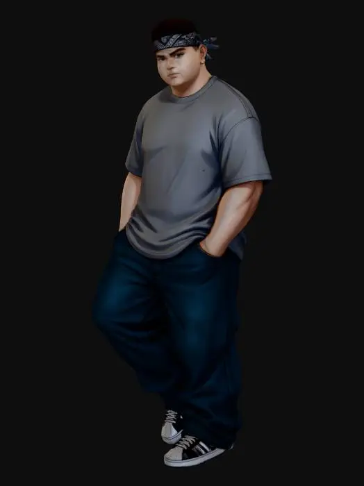 3D model for Toma como referencia la foto. Convierte a la persona en un personaje estilo anime . estilo homie.  y jeans largos estilo baggy que cubra suss piess . sin lentes.  . estilo  ganster. has al personaje musculoso y delgado . tenis addidass