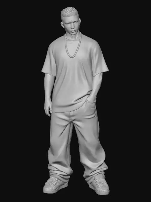 3D model for Toma como referencia la foto. Convierte a la persona en un personaje estilo anime . estilo homie.  y jeans largos estilo baggy que cubra suss piess . sin lentes.  . estilo  ganster. has al personaje musculoso y delgado . tenis addidass