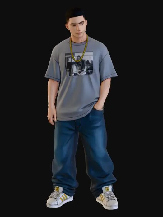 3D model for Toma como referencia la foto. Convierte a la persona en un personaje estilo anime . estilo homie.  y jeans largos estilo baggy que cubra suss piess . sin lentes.  . estilo  ganster. has al personaje musculoso y delgado . tenis addidass