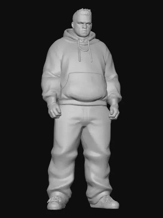 3D model for Toma como referencia la foto. Convierte a la persona en un personaje estilo anime . estilo homie.  y jeans largos estilo baggy que cubra suss piess . sin lentes.  . estilo  ganster. has al personaje musculoso y delgado . tenis addidass