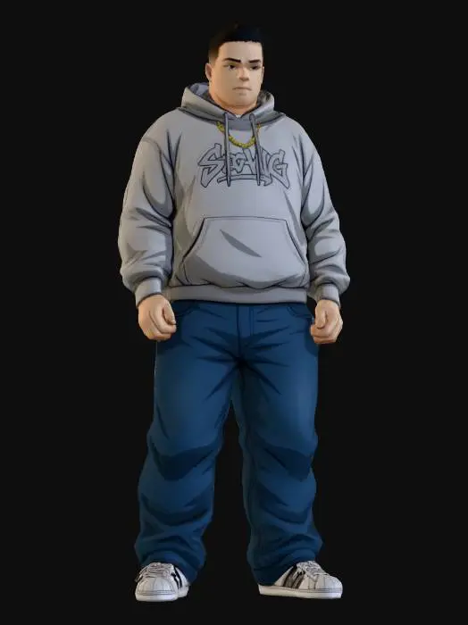 3D model for Toma como referencia la foto. Convierte a la persona en un personaje estilo anime . estilo homie.  y jeans largos estilo baggy que cubra suss piess . sin lentes.  . estilo  ganster. has al personaje musculoso y delgado . tenis addidass
