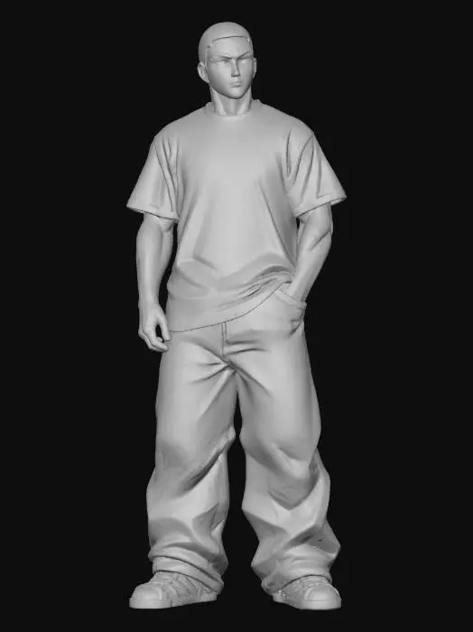3D model for Toma como referencia la foto. Convierte a la persona en un personaje estilo anime . estilo homie.  y jeans largos estilo baggy que cubra suss piess . sin lentes.  . estilo  ganster. has al personaje musculoso y delgado . tenis addidass