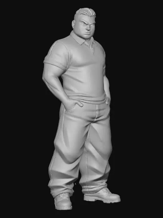 3D model for Toma como referencia la foto. Convierte a la persona en un personaje estilo anime . estilo homie. con polod  y jeans largos estilo baggy que cubra suss piess . sin lentes.  . en pose de ganster. has al personaje musculoso y delgado . botas de combate.