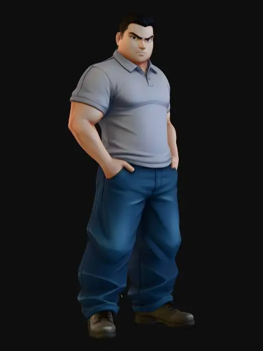 3D model for Toma como referencia la foto. Convierte a la persona en un personaje estilo anime . estilo homie. con polod  y jeans largos estilo baggy que cubra suss piess . sin lentes.  . en pose de ganster. has al personaje musculoso y delgado . botas de combate.