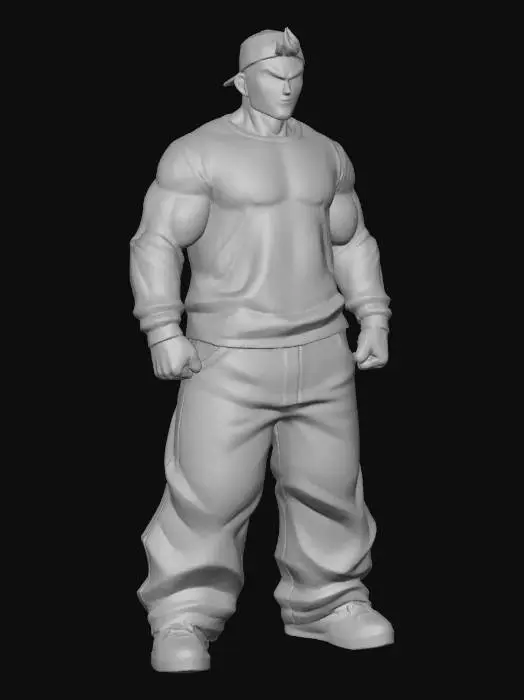 3D model for Toma como referencia la foto. Convierte a la persona en un personaje estilo anime . estilo homie.  y jeans largos estilo baggy que cubra suss piess . sin lentes.  . estilo  ganster. has al personaje musculoso y delgado . tenis addidass. pelo corto. camiseta de manga larga