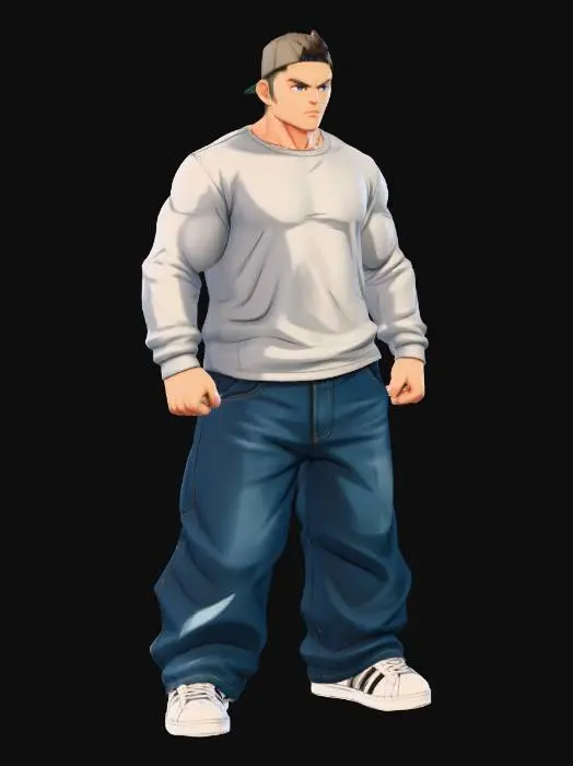 3D model for Toma como referencia la foto. Convierte a la persona en un personaje estilo anime . estilo homie.  y jeans largos estilo baggy que cubra suss piess . sin lentes.  . estilo  ganster. has al personaje musculoso y delgado . tenis addidass. pelo corto. camiseta de manga larga