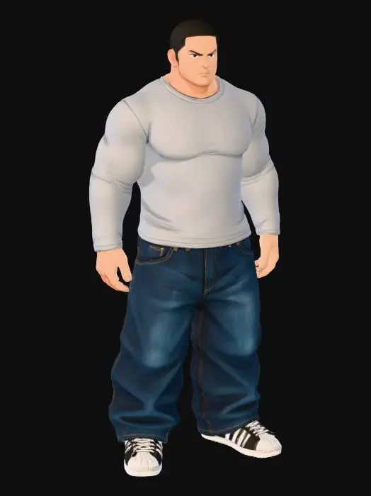 3D model for Toma como referencia la foto. Convierte a la persona en un personaje estilo anime . estilo homie.  y jeans largos estilo baggy que cubra suss piess . sin lentes.  . estilo  ganster. has al personaje musculoso y delgado . tenis addidass. pelo corto. camiseta de manga larga
