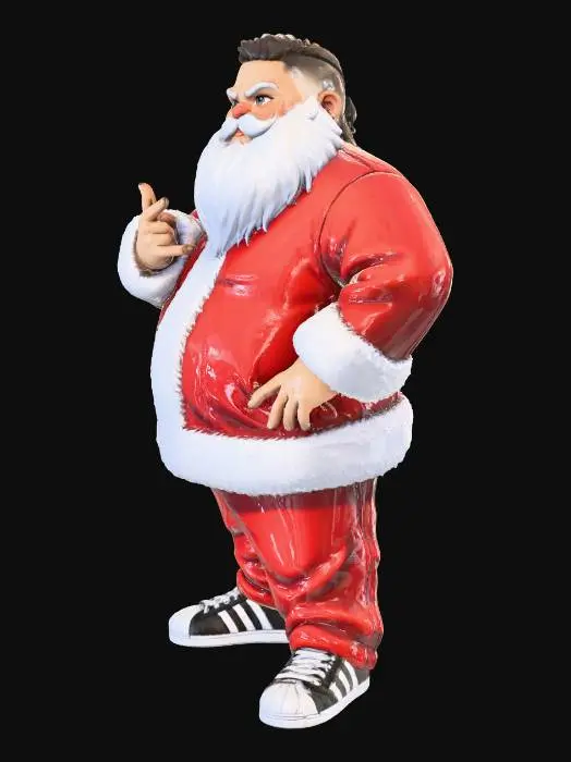 3D model for Toma como referencia la foto. Convierte a la persona en un personaje estilo anime . estilo homie. con vestimenta de santa claus. usar barba blanca y  pantalones largos que cubren sus pies . sin lentes. en pose de ganster. usando addidas