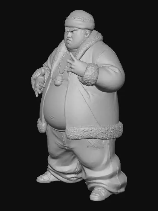 3D model for Toma como referencia la foto. Convierte a la persona en un personaje estilo anime . estilo cholo. con su camisa abierta y  tank top por debajo . y pantalones largos que cubren sus pies . Conserva el tamaño, sin lentes. en pose de ganster. con la tematica de santa claus usar vestimentas en rojo y blanco.