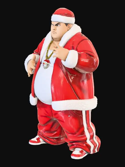 3D model for Toma como referencia la foto. Convierte a la persona en un personaje estilo anime . estilo cholo. con su camisa abierta y  tank top por debajo . y pantalones largos que cubren sus pies . Conserva el tamaño, sin lentes. en pose de ganster. con la tematica de santa claus usar vestimentas en rojo y blanco.