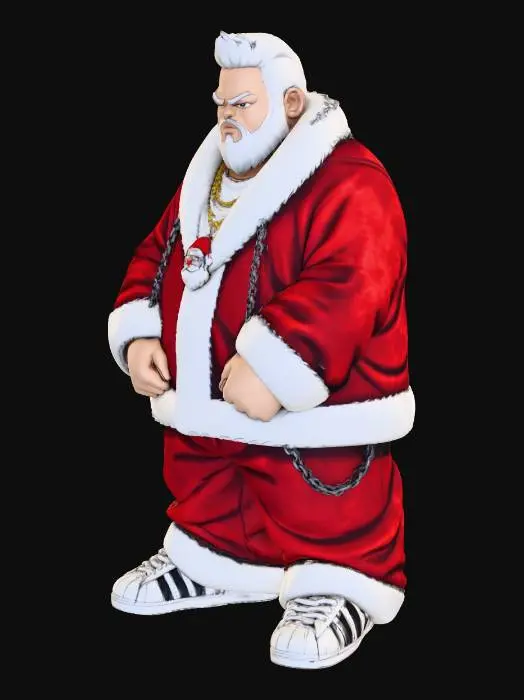 3D model for Toma como referencia la foto. Convierte a la persona en un personaje estilo anime . estilo homie. con vestimenta de santa claus. usar barba blanca y cabello blanco.  pantalones largos que cubren sus pies . sin lentes. en pose de ganster. usando addidas. pose sin abrir los dedos. manos cerradas.