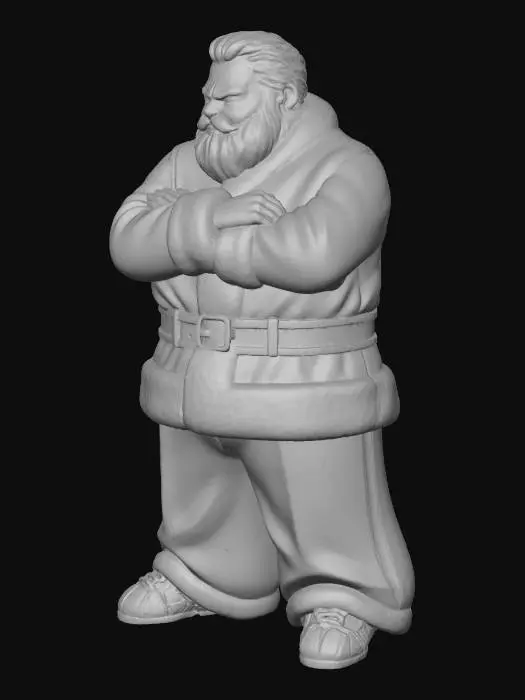 3D model for Toma como referencia la foto. Convierte a la persona en un personaje estilo anime . estilo homie. con vestimenta de santa claus. usar barba blanca y cabello blanco.  pantalones largos que cubren sus pies . sin lentes. en pose de ganster. usando addidas. pose sin abrir los dedos. manos cerradas.