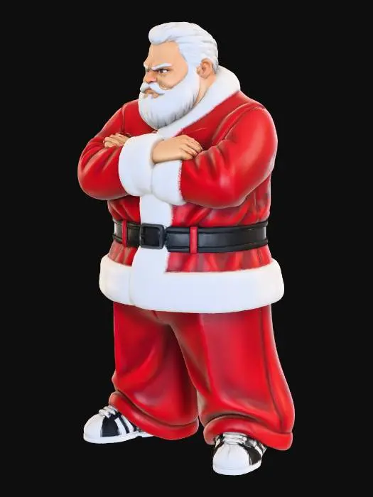 3D model for Toma como referencia la foto. Convierte a la persona en un personaje estilo anime . estilo homie. con vestimenta de santa claus. usar barba blanca y cabello blanco.  pantalones largos que cubren sus pies . sin lentes. en pose de ganster. usando addidas. pose sin abrir los dedos. manos cerradas.