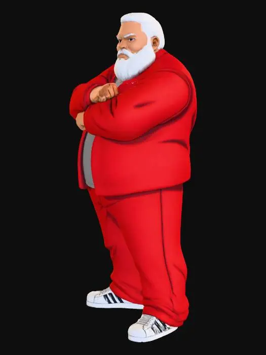 3D model for Toma como referencia la foto. Convierte a la persona en un personaje estilo anime . estilo homie. con vestimenta de santa claus. usar barba blanca y cabello blanco.  pantalones largos que cubren sus pies . sin lentes. en pose de ganster. usando addidas. pose sin abrir los dedos. manos cerradas.